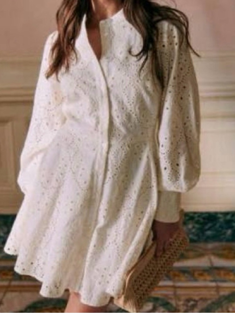 Sézane Calprice NWT Cream Eyelet Cotton Lace Long full Sleeve Bride Mini Dress